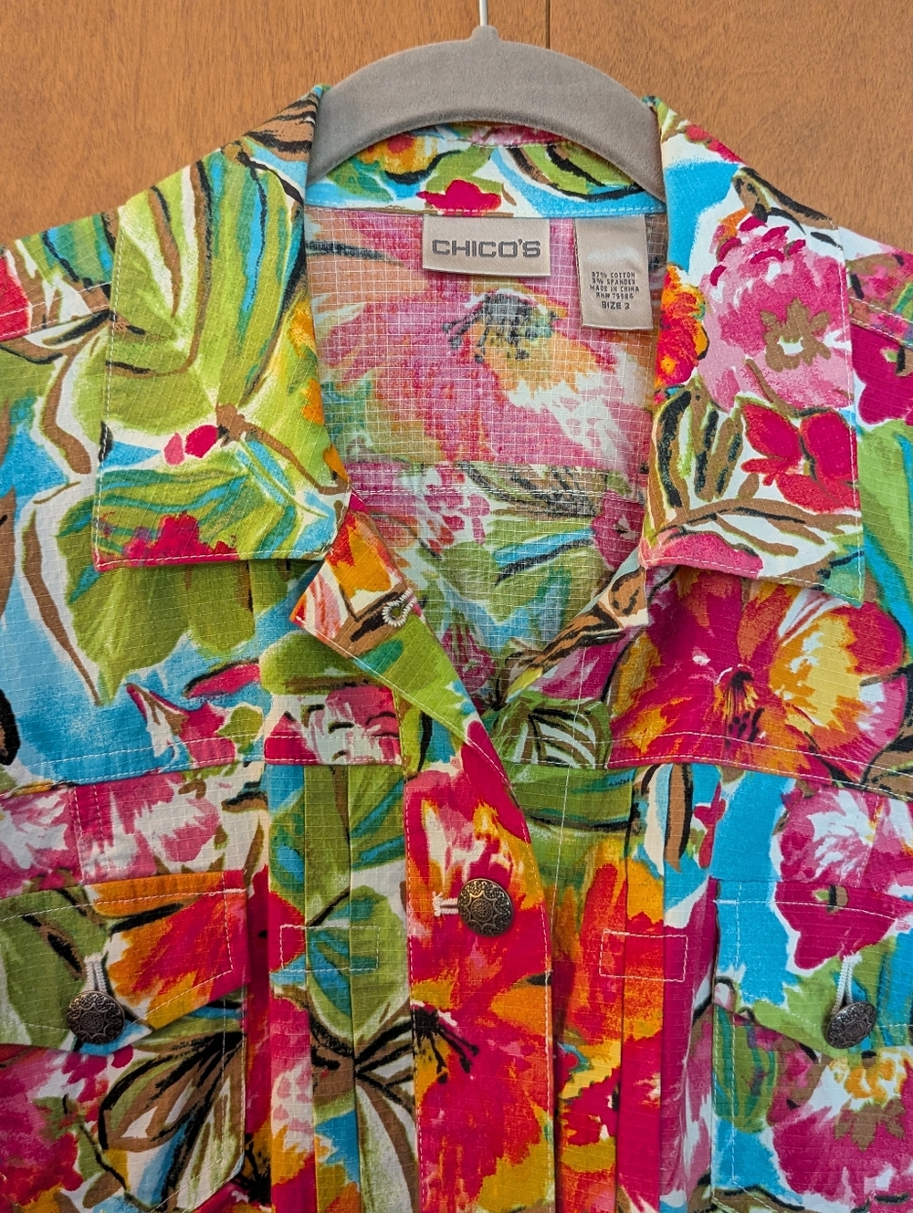 Chico's Bright Button-Front Floral Denim-Style Jacket